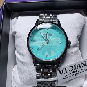 Invicta Turquoise Dial Silver Bracelet Watch with Floral Motif